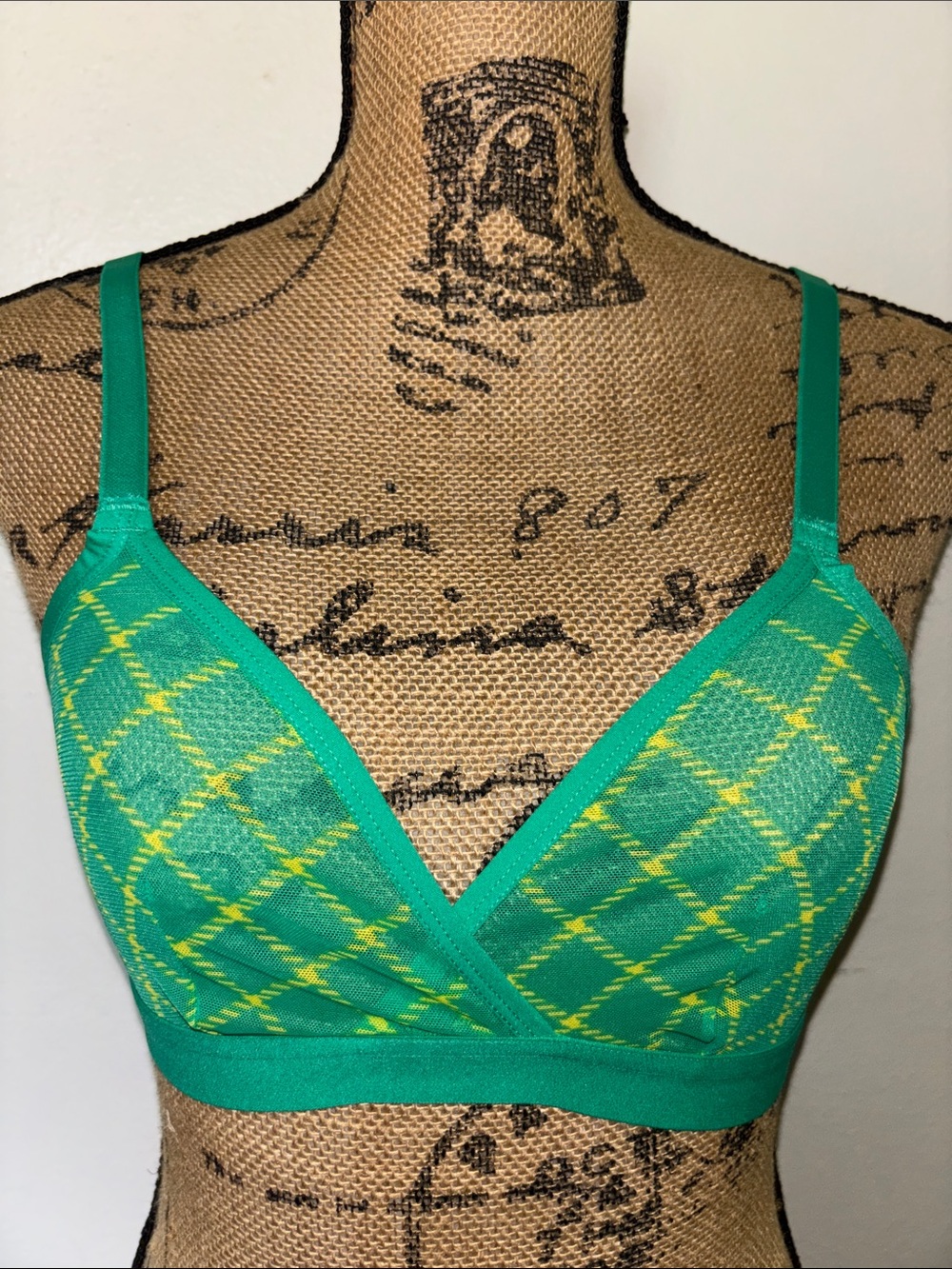 Sexy Sheer Green & Yellow Argyle Wireless Bralette - Women Intimates Sz XS/26”